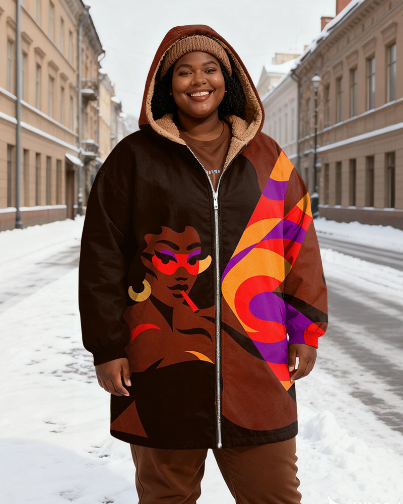 Women's Brown Bottom Abstract Women's Flute Printed Velvet Thickened Long Hooded Coat
