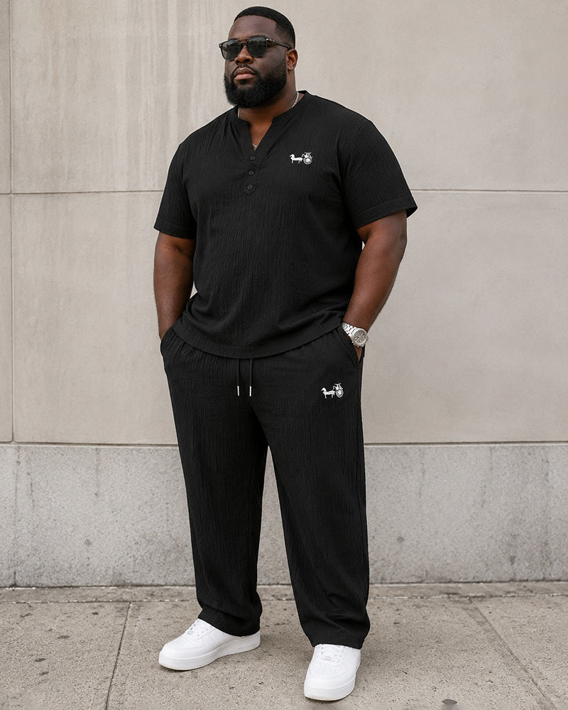 M-4XL Pleated Texture Henley Carriage Embroidered Short Sleeve Pants Set