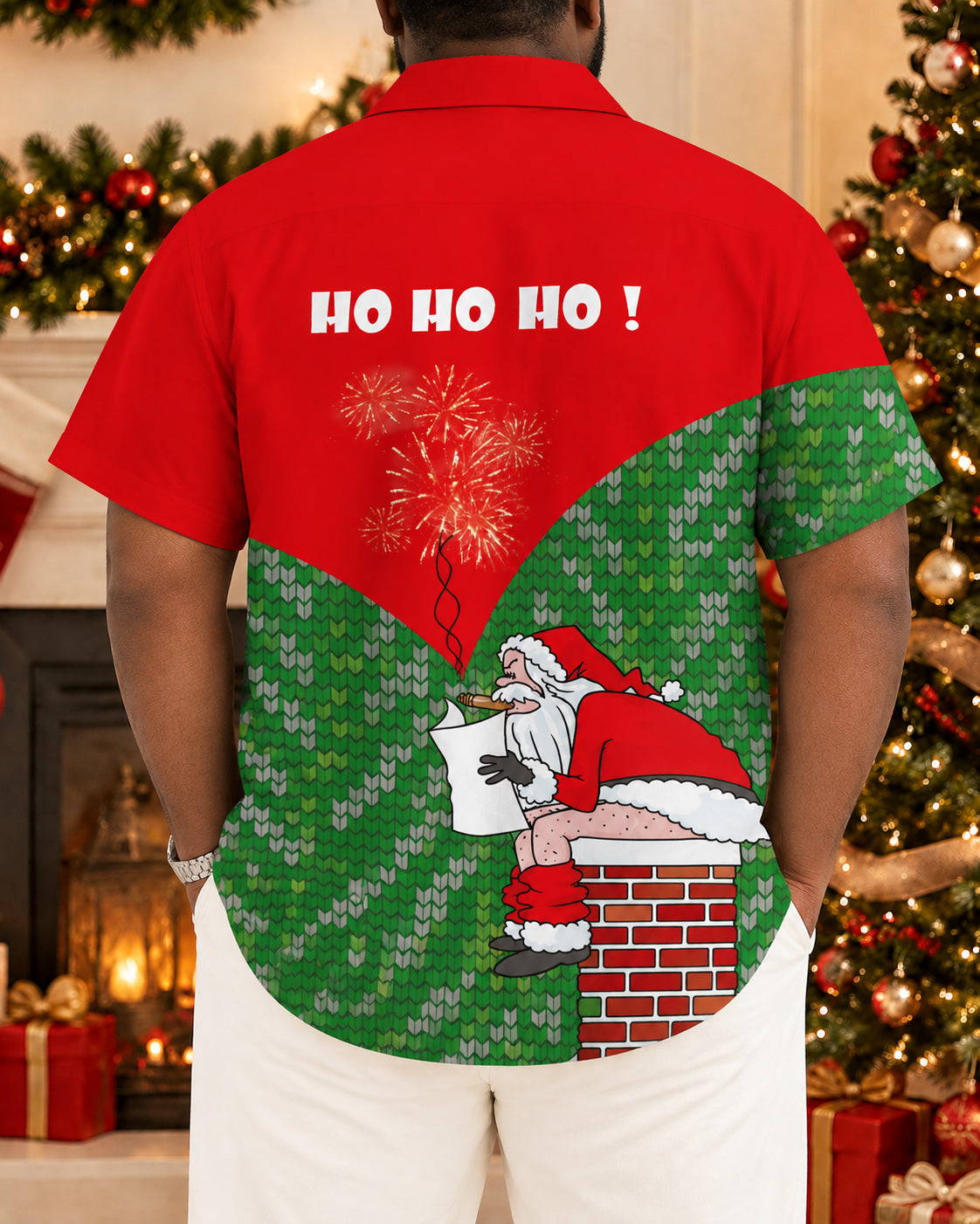 Big & Tall Men's Christmas Funny Santa Claus Printed Short Sleeve Shirt