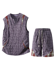L-9XL Casual Sports Letters Jacquard Patchwork Plaid Vest Shorts Set