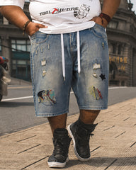 2XL-8XL Plus Size Stretch Patch Denim Shorts With Embroidered Holes