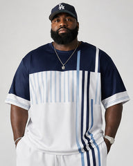 Big & Tall Men's Vertical Stripe Stitching Hanging Printed Crewneck Short Sleeve T-shirt Shorts Set