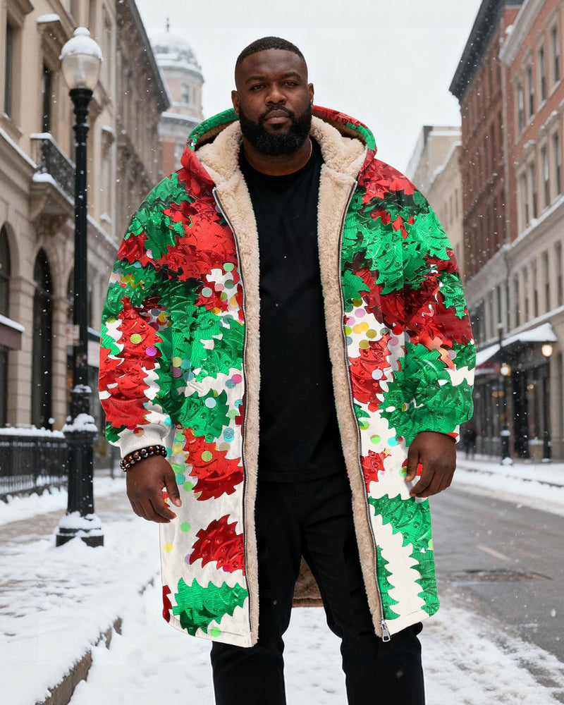Big & Tall Men's Red And Green Christmas Leaves Sequin Printed Velvet Thickened Long Hooded Coat