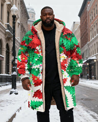 Big & Tall Men's Red And Green Christmas Leaves Sequin Printed Velvet Thickened Long Hooded Coat
