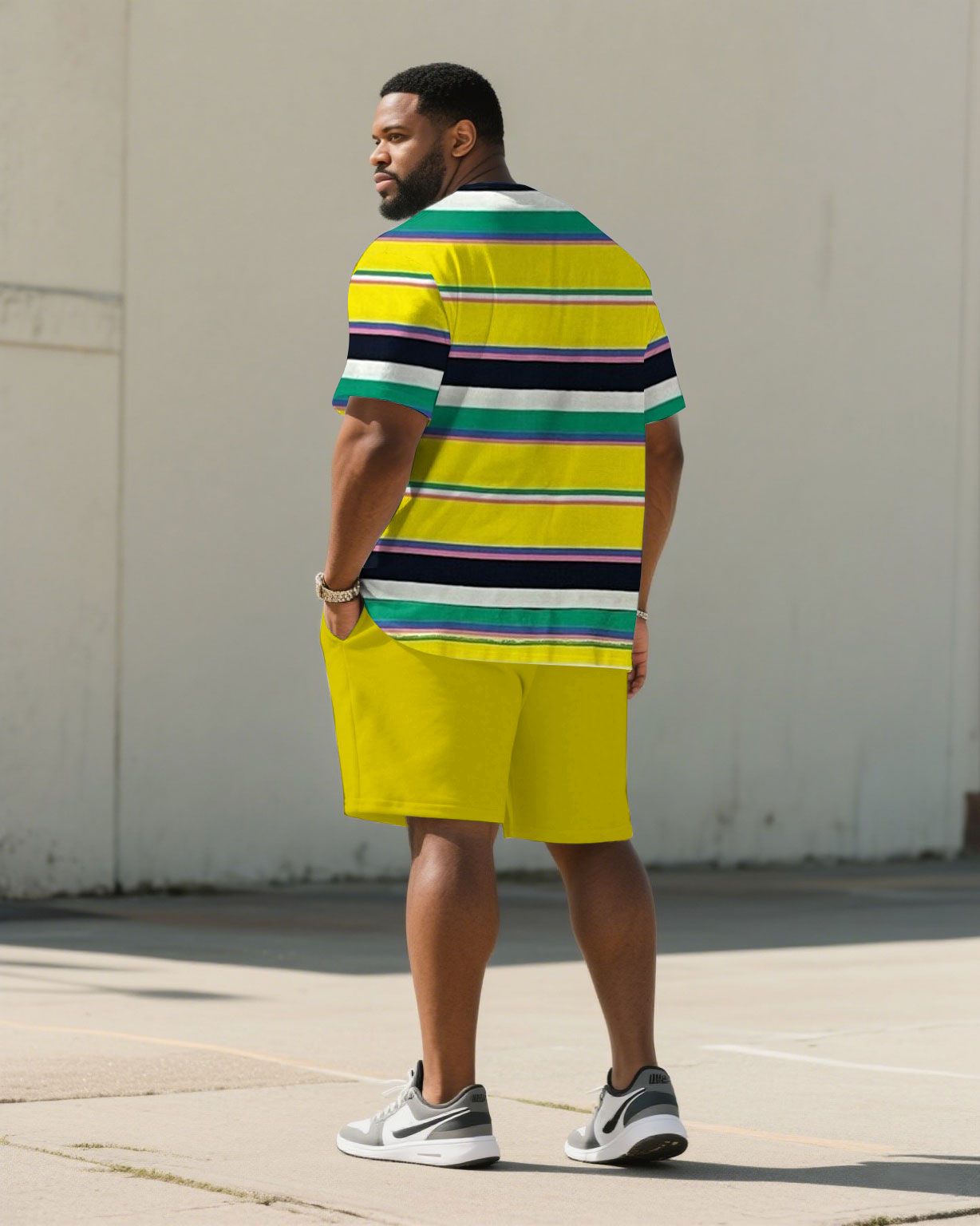 Men's Plus Size Teeth Buy Striped Fabric Chest Small Label Short Sleeve T-shirt Shorts Suit