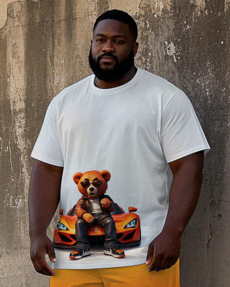 Big Men's Gradient Hip Hop GradientCartoon Cool Bear & Sports Car Printed Short Sleeve T-shirt Shorts Set