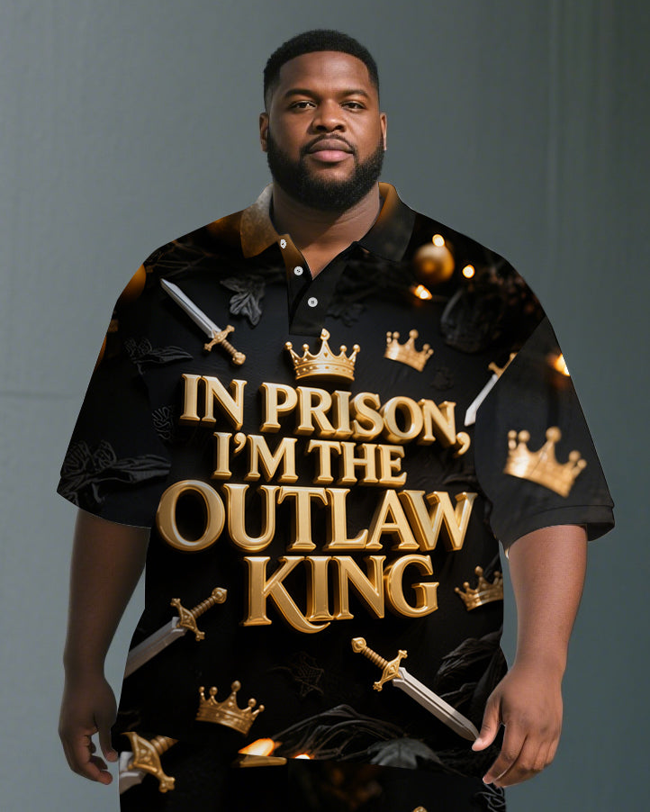 Big Men's PRISON KING Letter Sward and Crown Printed Short-Sleeve Polo Shirt & Shorts Set