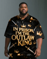 Big Men's PRISON KING Letter Sward and Crown Printed Short-Sleeve Polo Shirt & Shorts Set