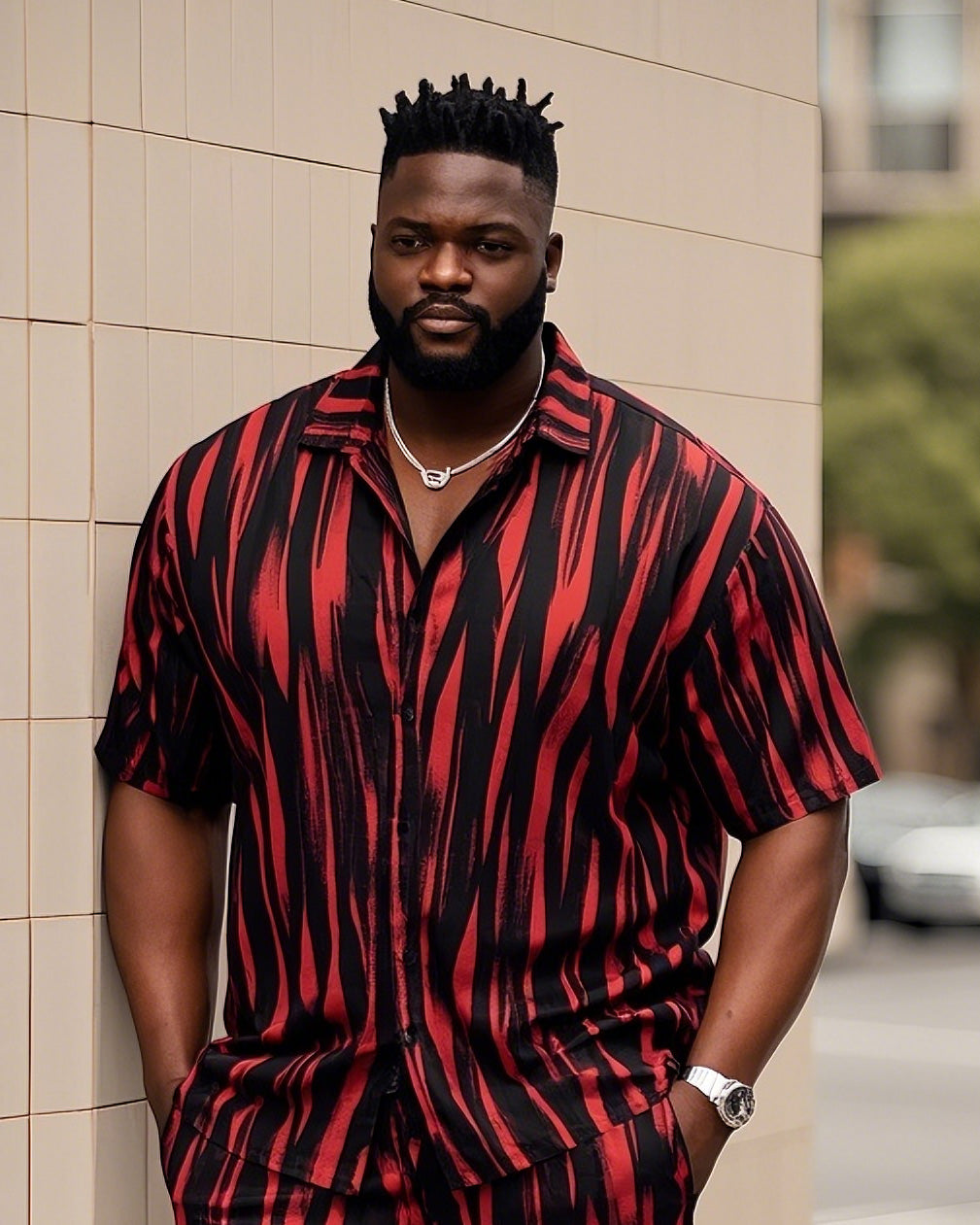 Big Men's-Retro Daily Casual Zebra Stripe Color Block Printed Short Sleeve Shirt Shorts Suit