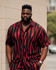 Big Men's-Retro Daily Casual Zebra Stripe Color Block Printed Short Sleeve Shirt Shorts Suit