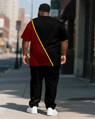 Men's Plus Size Black And Red Color-block Line Print Henry Collar T-shirt Trousers Suit