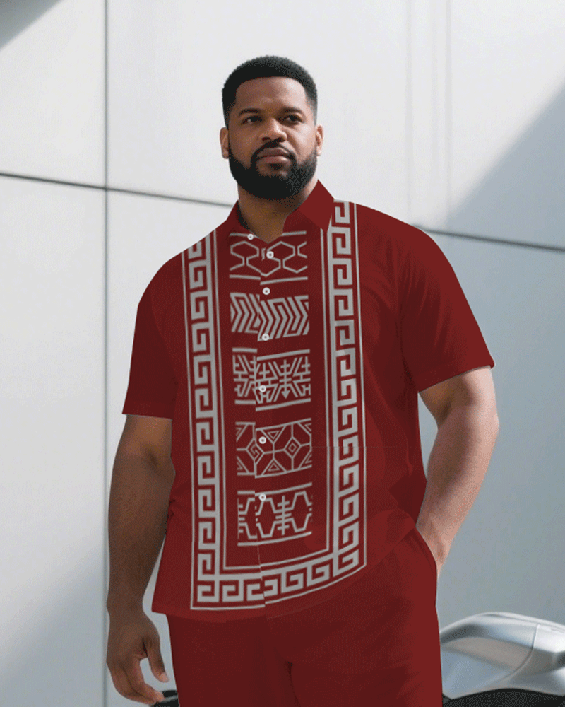 Big & Tall Men's Business Red & Grey Retro Pattern Symmetrical Printed Short Sleeve Shirt Pants Suit