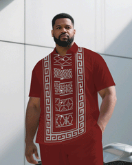 Big & Tall Men's Business Red & Grey Retro Pattern Symmetrical Printed Short Sleeve Shirt Pants Suit