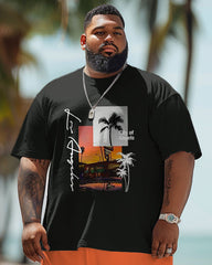 Big Men Hawaiian Coconut Tree Sunset Alphabet Print T-Shirt Shorts Set