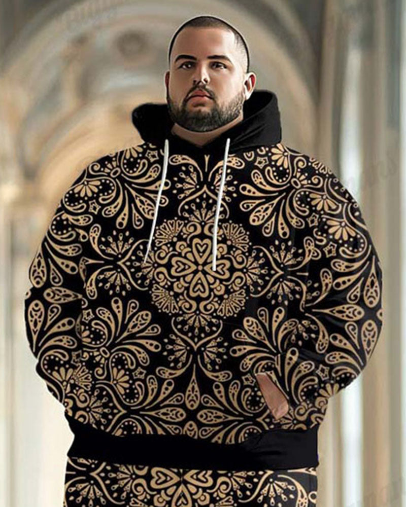 Men's Classical Luxury Pattern Khaki Plus Size Hoodie Suit