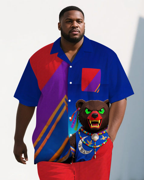 Big Guy's Color Block Cartoon Bear Theme Casual Short Sleeve Shirt Pants 2-Piece Set