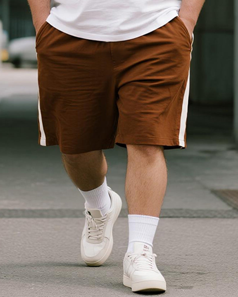 Big & Tall Men's Brown Striped GOOD Letter Print Round Neck Short Sleeve T-Shirt Shorts Suit