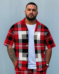 Big Men's Casual Simple Letter Bold Red Plaid Printed Short Sleeve Shirt and Shorts Set