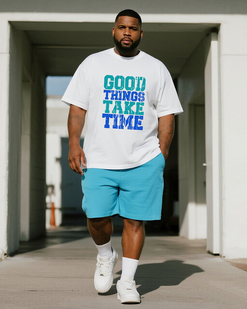Big & Tall Men's Blue Good Thngs Take Time Letter Print Round Neck Short Sleeve T-Shirt Shorts Suit