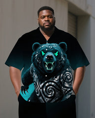 Men's Big Size Cartoon Soldier Bear Theme Simple Casual Fashion Short Sleeve Shirt Pants Set