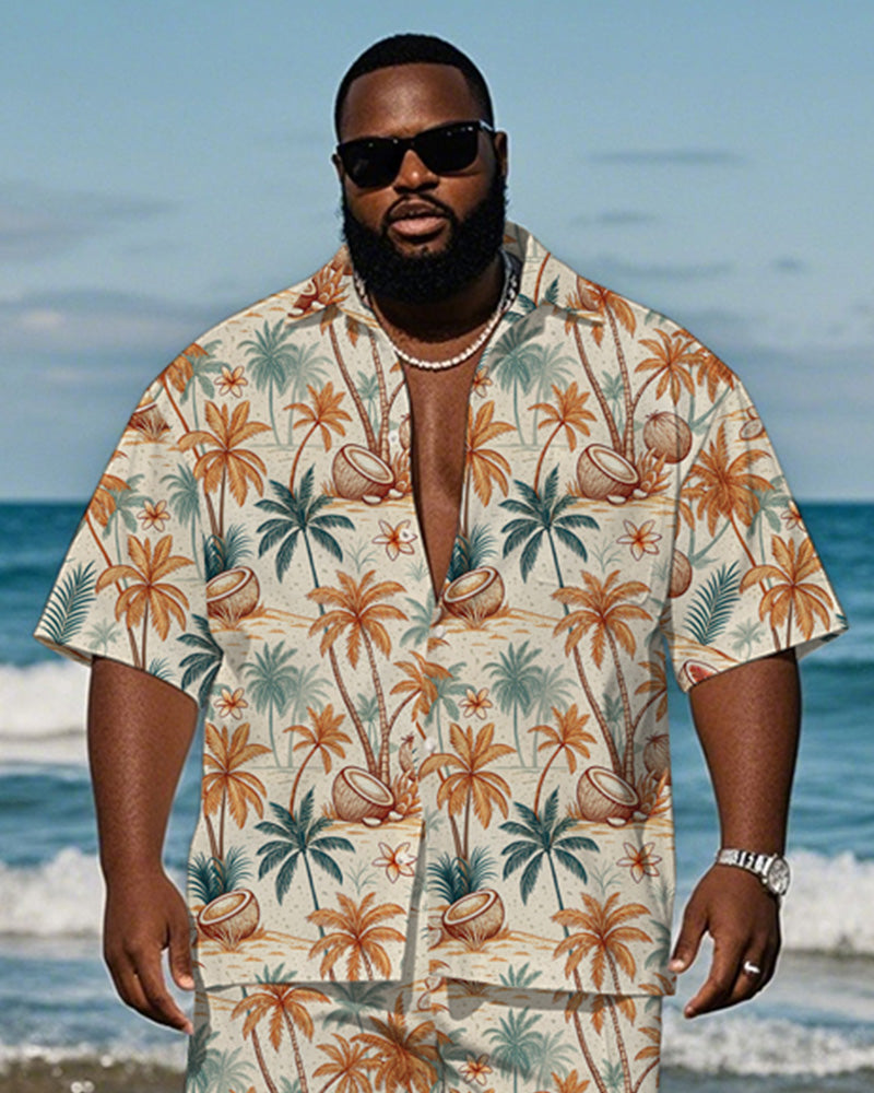 Men's Plus Size Hawaiian Hand Painted Orange Coconut Tree Coconut Print Shirt Shorts Suit