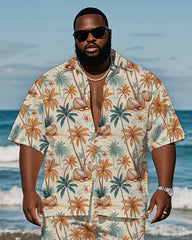 Men's Plus Size Hawaiian Hand Painted Orange Coconut Tree Coconut Print Shirt Shorts Suit
