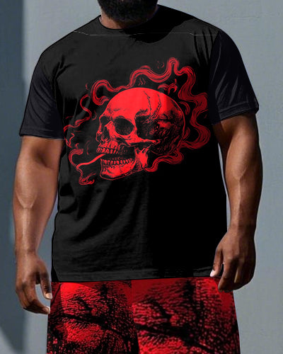 Skull’s Bold Story Burns On Big & Tall Men's Skull Theme Daily Short Sleeve T-shirt 2-Piece Set