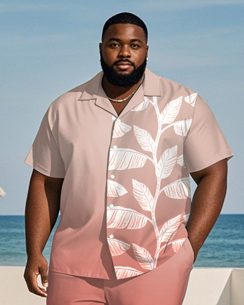 Big & Tall Men's Hawaiian Vacation Pink Gradient Leaf Print Shirt Shorts Suit