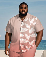 Big & Tall Men's Hawaiian Vacation Pink Gradient Leaf Print Shirt Shorts Suit