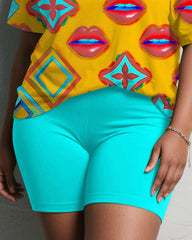 Women's Plus Size Daily Casual Graffiti Lips Geometric Print Short Sleeve Shorts Suit