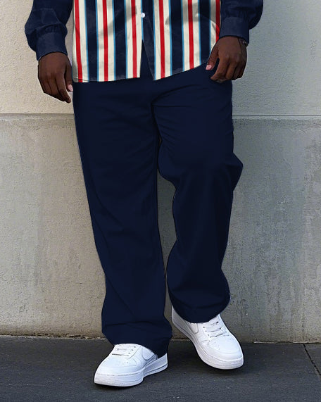Men's Simple Regular Vertical Stripe & POLO Letter Printed Big & Tall Long Sleeve Shirt Pants Set