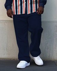 Men's Simple Regular Vertical Stripe & POLO Letter Printed Big & Tall Long Sleeve Shirt Pants Set