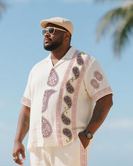 Big & Tall Men's Holiday Style Luxury Paisley Striped Printed Short-sleeved Shirt And Pants Suit