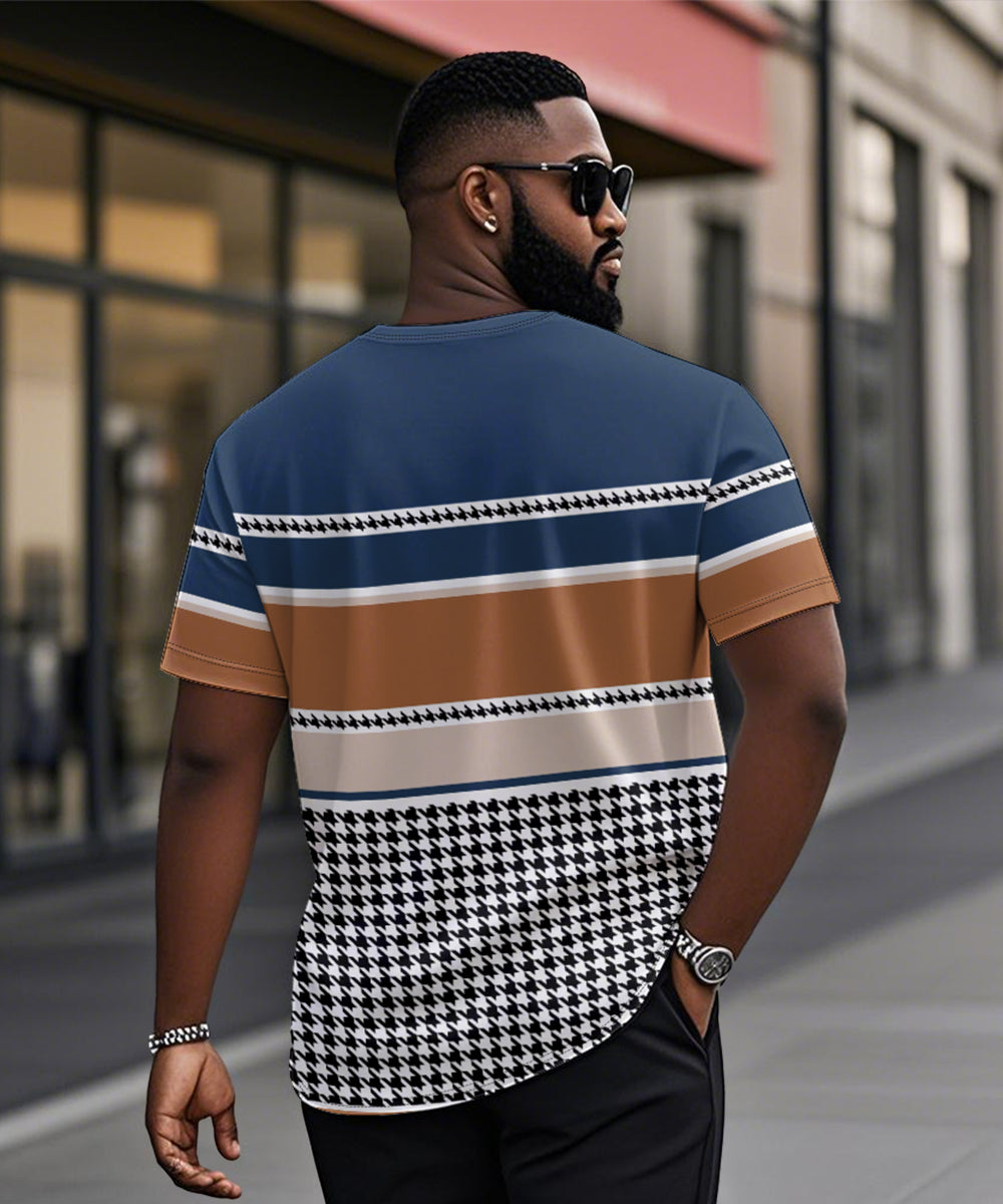 Men's Plus Size Casual Daily Blue Colorblock Houndstooth Print Henry Collar Button Short Sleeve T-Shirt