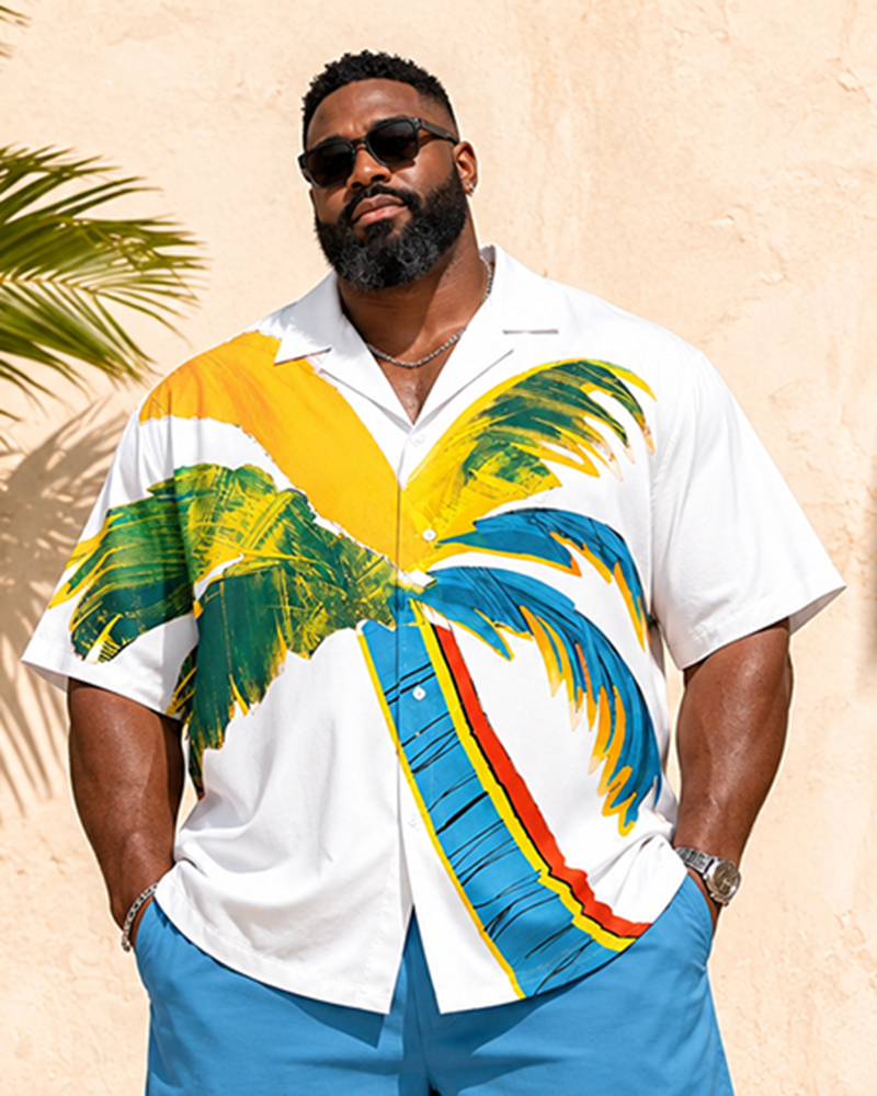 Big & Tall Men's Hand-painted Palm Tree Print Short Sleeve Shirt Shorts Set
