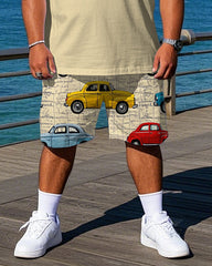 Men's Street Style Artistic Cartoon Car Printed Big & Tall Short Sleeve Polo Shirt Shorts Set