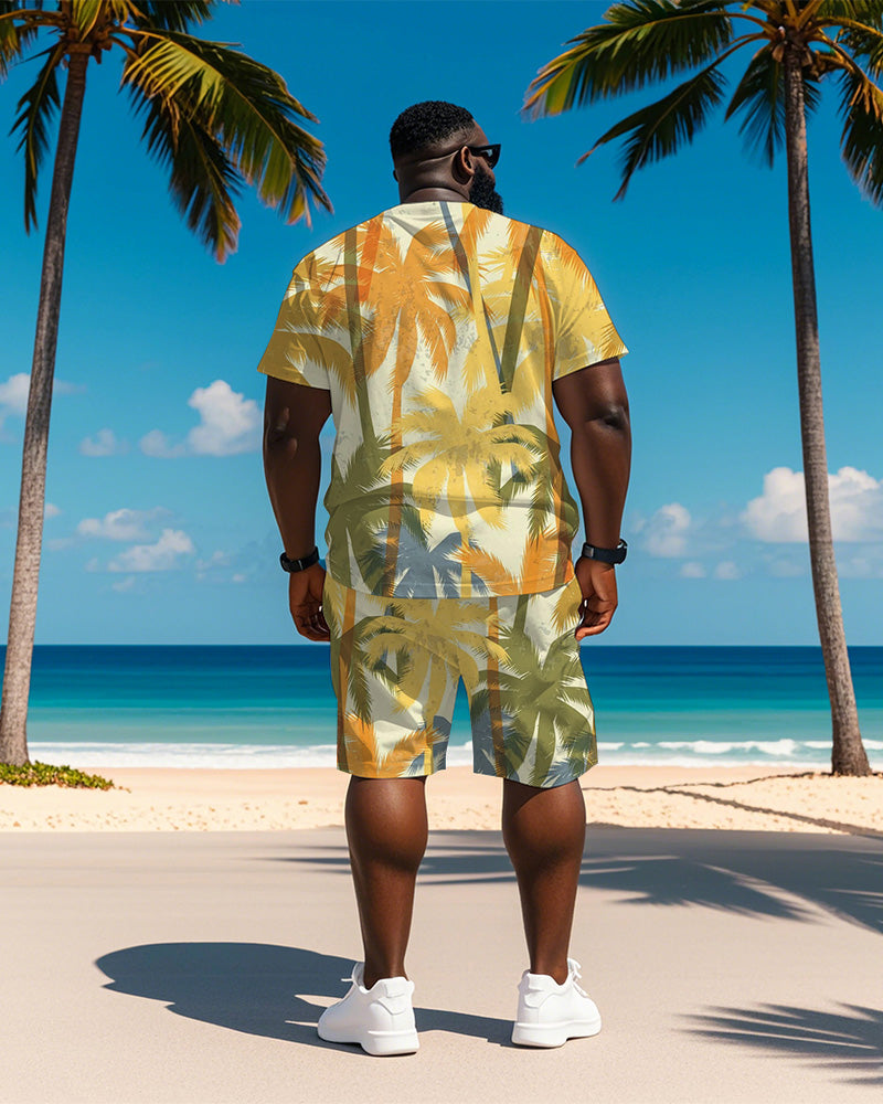 Big & Tall Men's Hawaiian Yellow Coconut Graffiti Print Round Neck Short Sleeve T-Shirt Shorts Suit