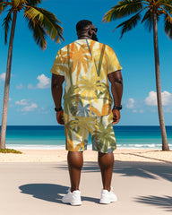 Big & Tall Men's Hawaiian Yellow Coconut Graffiti Print Round Neck Short Sleeve T-Shirt Shorts Suit