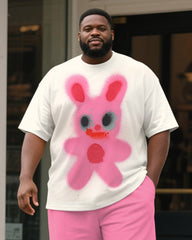 Big & Tall Men's Pink Rabbit Graffiti Print Round Neck Short Sleeve T-Shirt Shorts Suit