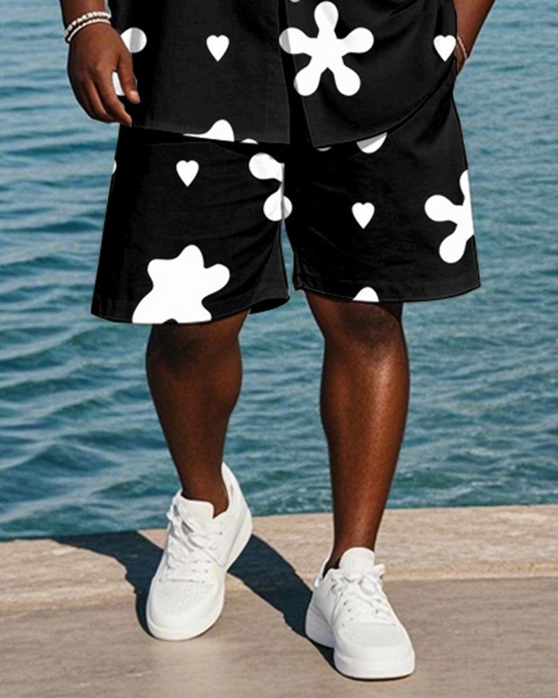 Men's Plus Size Hawaiian Black And White Geometric Print Shirt Shorts Suit