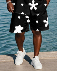 Men's Plus Size Hawaiian Black And White Geometric Print Shirt Shorts Suit