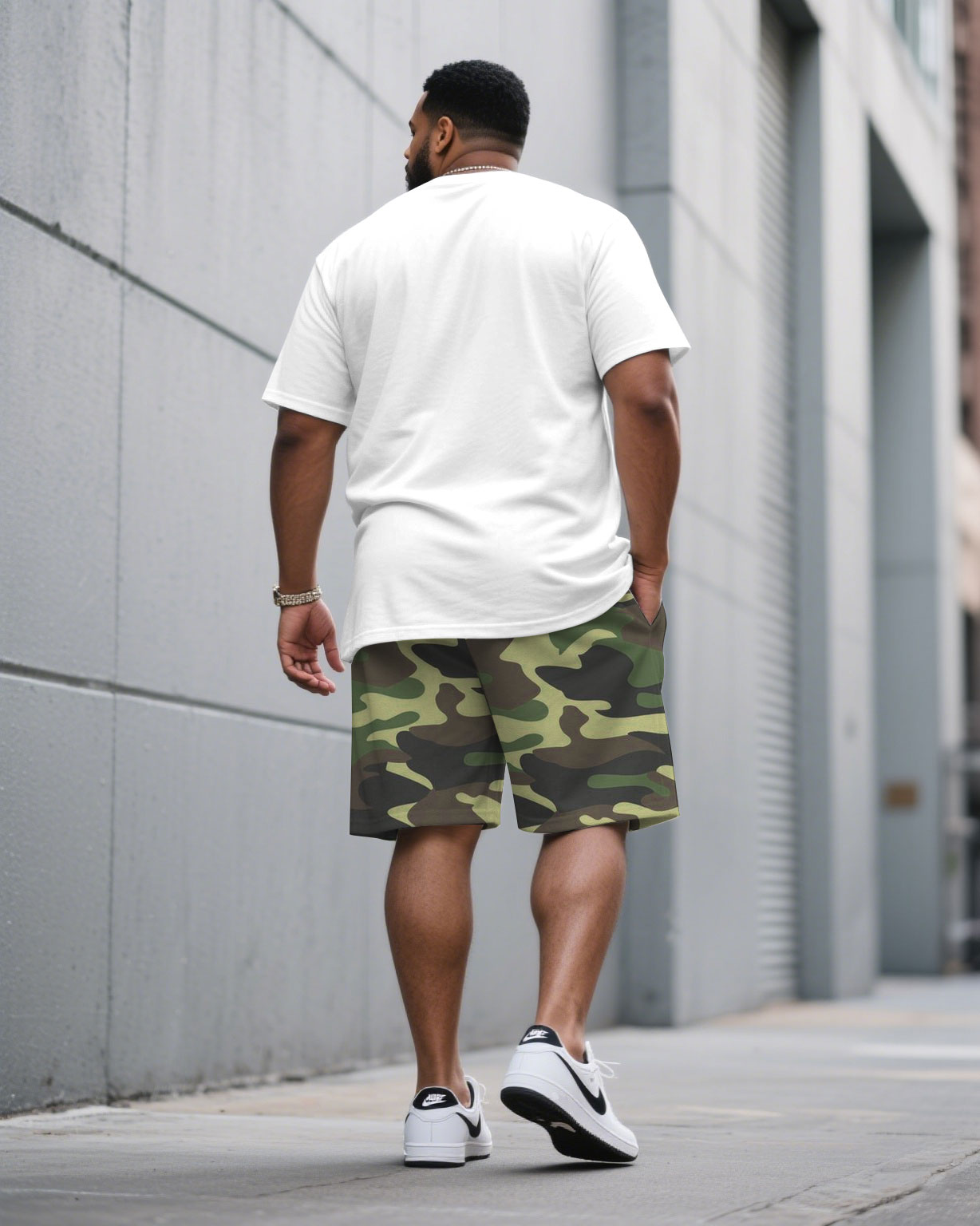 Men's Plus Size White & Green Camouflage Headphones Fashion Round Neck Short Sleeve T-shirt Shorts Suit
