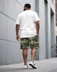 Men's Plus Size White & Green Camouflage Headphones Fashion Round Neck Short Sleeve T-shirt Shorts Suit
