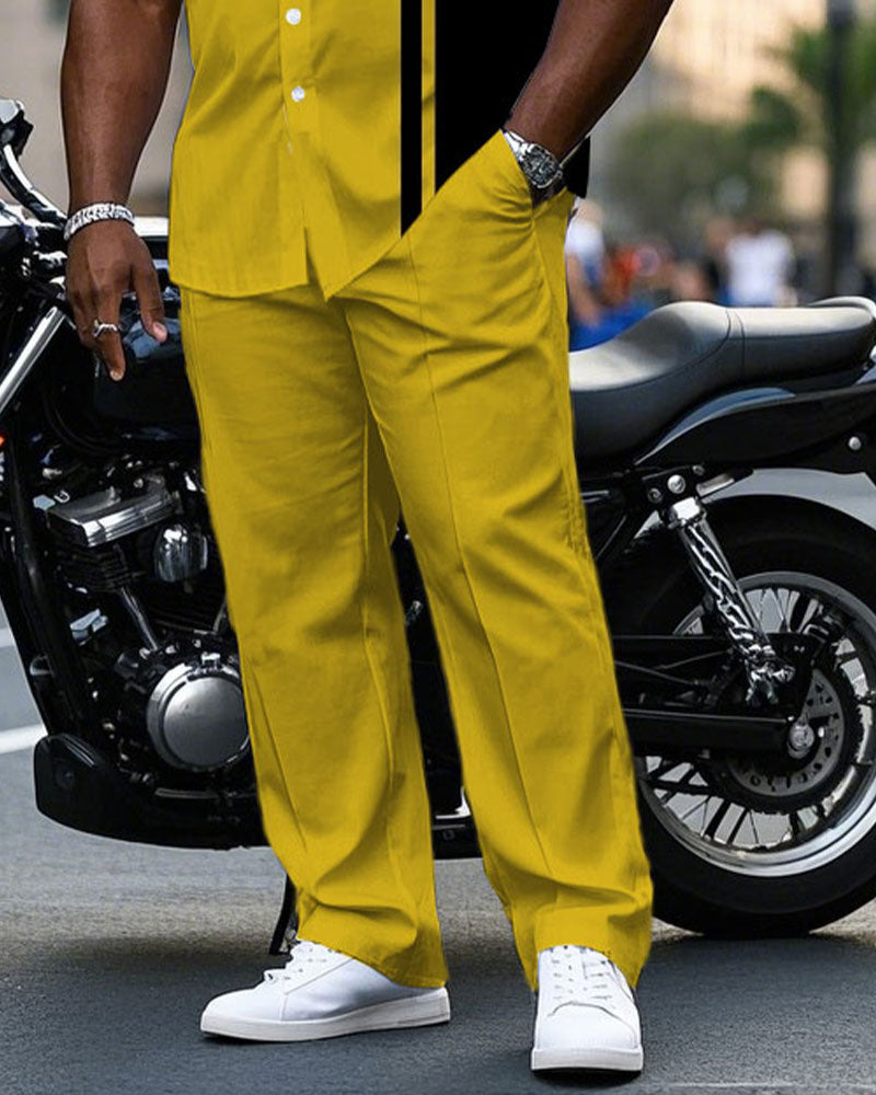 Men's Plus Size Fashion Yellow & Black Simple Short Sleeve Shirt Pants Suit