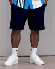 Big & Tall Men's Daily Leisure. Match 3 Color Striped Color. Star Print Shirt Shorts Suit