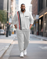 Big & Tall Men's Black And Red Contrast Striped Printed POLO Collar Zipper Long Sleeve Pants Two-piece Set