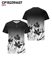 Men's Plus Size Black And White Gradient Floral Print Henry Collar Button Short Sleeve T-shirt