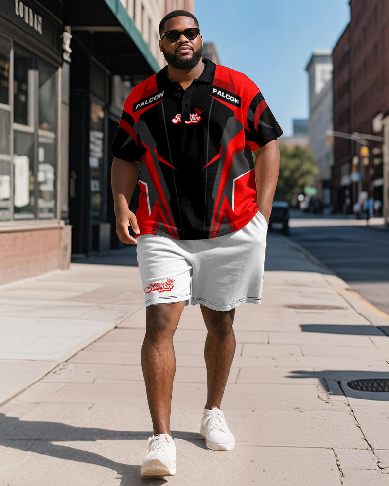 Big & Tall Men's Sports Geometric Alphabet Print Short Sleeve Polo Shirt Shorts Suit