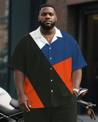 Men's Plus Size Business Blue Red Color Block Striped Geometric Print Short Sleeve Shirt Trousers Suit