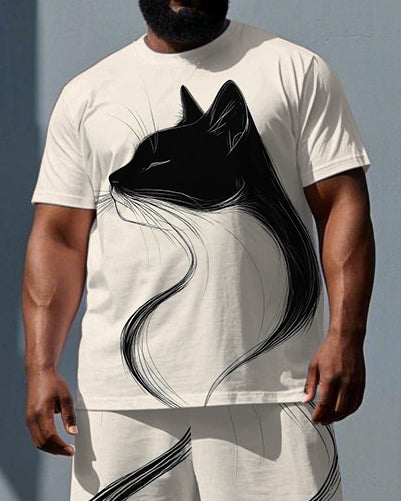 Big & Tall Men's Line Cat Illustration Print Casual Simple Short-Sleeve T-shirt Shorts Set